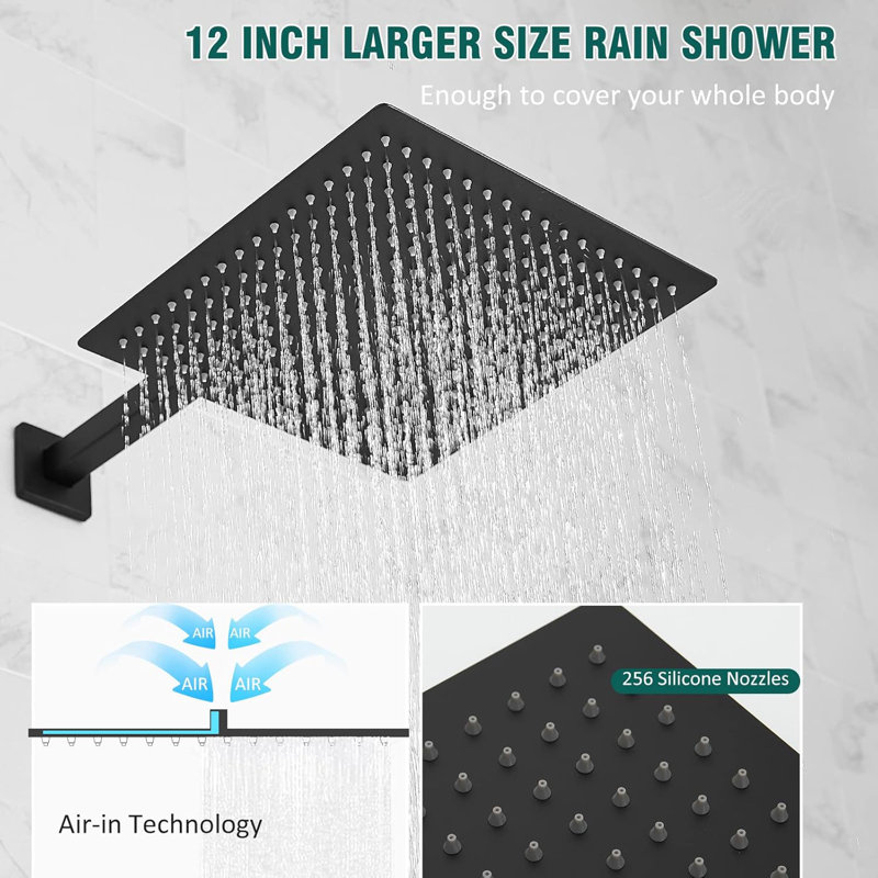 Hoimpro 12 Inch Shower Head System With 2-In-1 Handheld Sprayer, High Pressure Rainfall Shower Head, Brass Faucet Valve Kit, - Includes Shower Arm, Hose And Holder