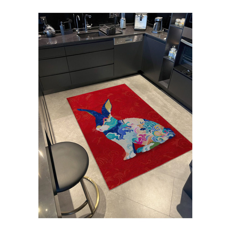Tapis décoratif moderne rouge à motif de lapin multicolore à motif rouge lavable à la machine
