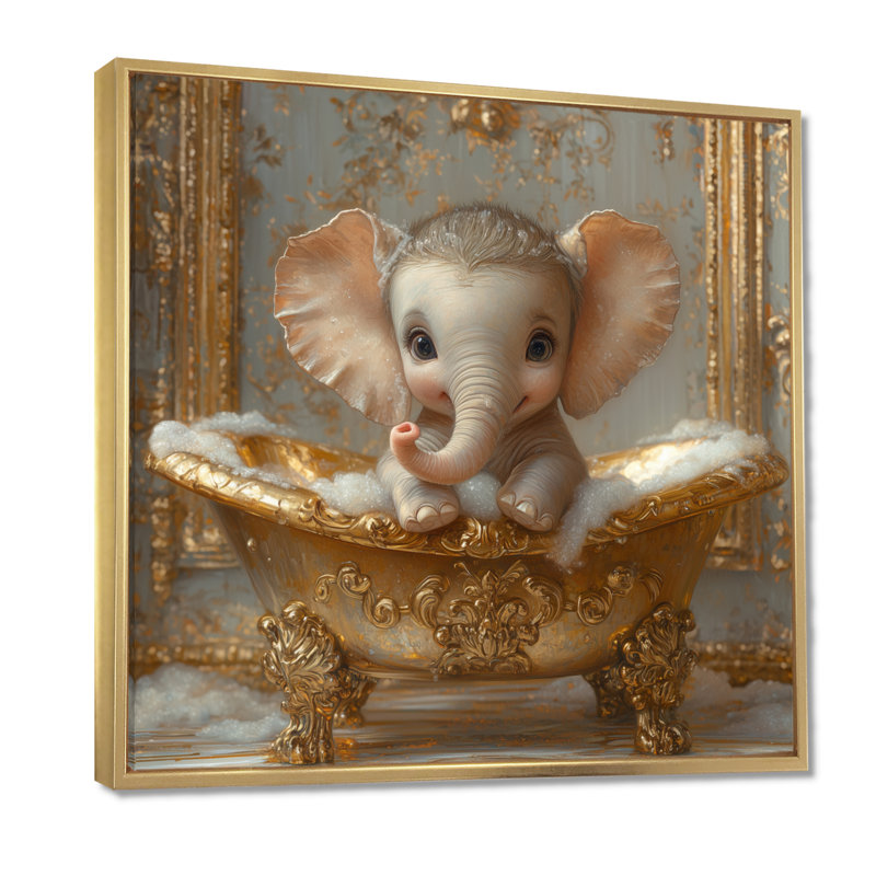 Kemarrion, un mignon éléphant assis dans une élégante baignoire dorée I - art mural de salle de bain pour le salon, Doré