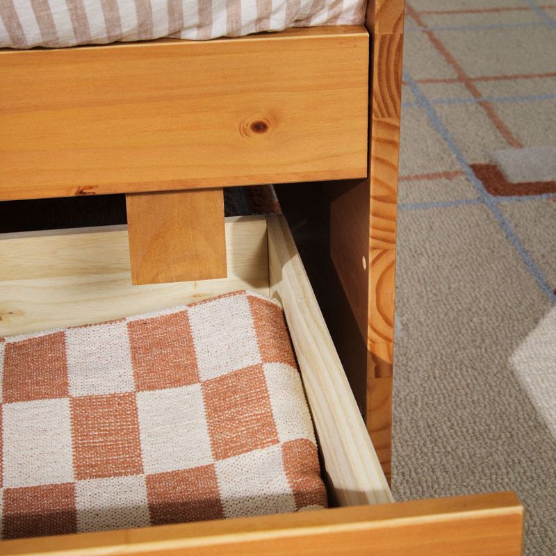 Mid Century Modern Solid Wood Queen Storage Bed With 2 Drawers, Caramel