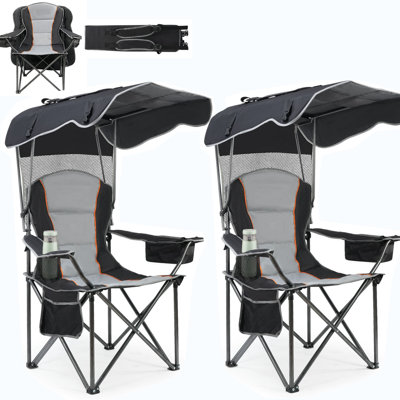 Chaise de camping pliante avec auvent amovible, chaise d'extérieur robuste de 500 lb avec siège rembourré, tissu Oxford 600D, chaise de jardin et de plage portable
