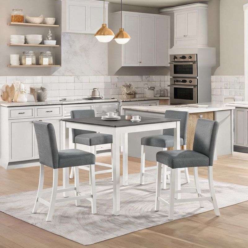 Ensemble de salle à manger à hauteur de comptoir en bois gris pour cuisines, table carrée 5 pièces et 4 chaises rembourrées, style moderne peu encombrant