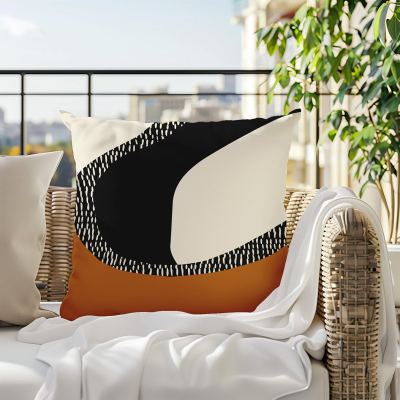 Coussin carré intérieur / extérieur pia, H 15 po x l 15 po, Orange brûlé / noir / blanc cassé