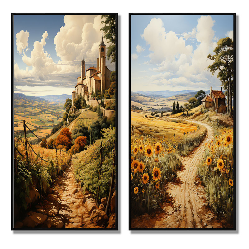 «Espagne Golden Fields Méditerranée», 2 pièces, H 40 po x l 40 po, Cadre noir