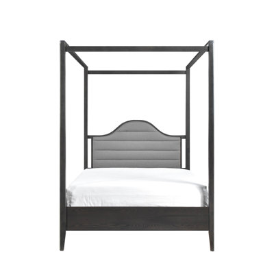 Lit à baldaquin grand lit à tête de lit tapissier, gadgets de chambre en bois, finition brune, lit avec tête de lit inclus et rails