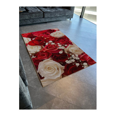 Tapis décoratif moderne à motif floral rose à motif rouge lavable à la machine