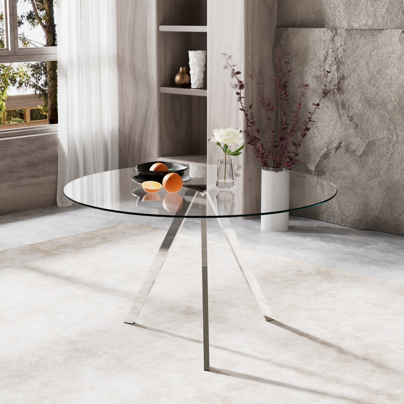 Bernadette Round Glass Top Dining Table, Pedestal Dining Table for 4, Modern Glass Dining Table, Leisure Coffee Table, Kitchen Circle Dinner Table, Saving Space