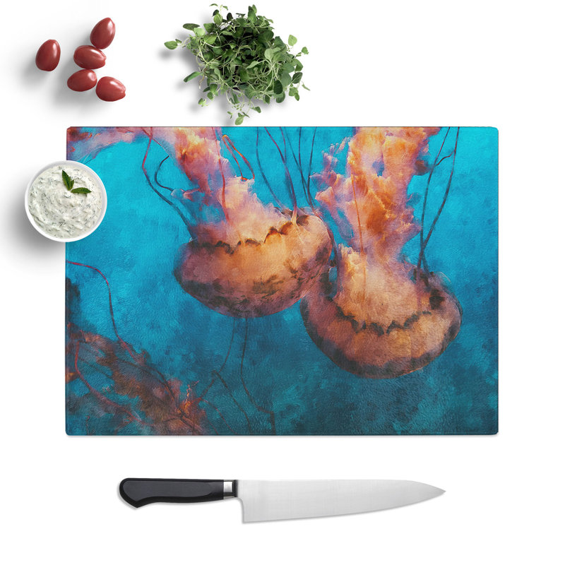 Tempered Glass Pink Jellyfish Abstract Chopping Board, 20 cm x 28.5 cm