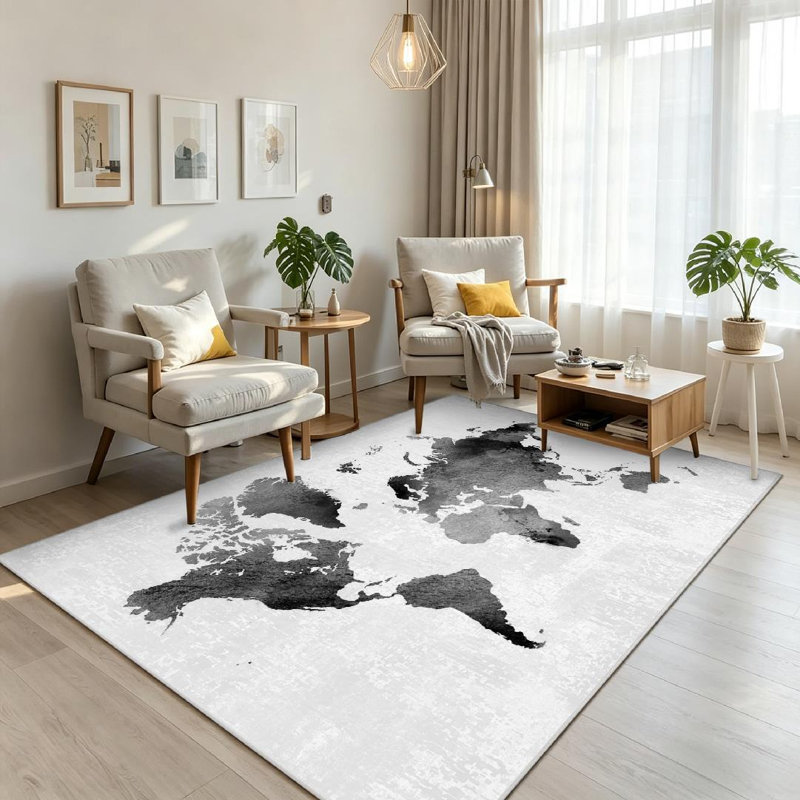 Tapis noir noir lavable à la machine et carte du monde rétro blanc, Rectangle 71" x 98"