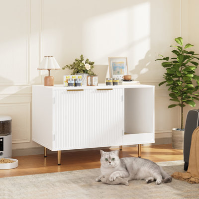 Enceinte de litière, meubles de litière pour chat dissimulés avec tapis à gratter, salle de bain moderne pour chat à l'intérieur, table de bout latérale, banc d'armoire de rangement pour le salon, chambre à coucher, blanc