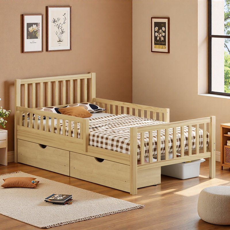 Lit plateforme en bois avec garde-corps et 2 tiroirs de rangement, Lit simple