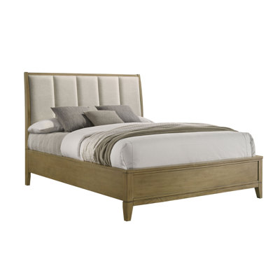 Upholstered Queen Panel Bed In Natural Pine And Beige