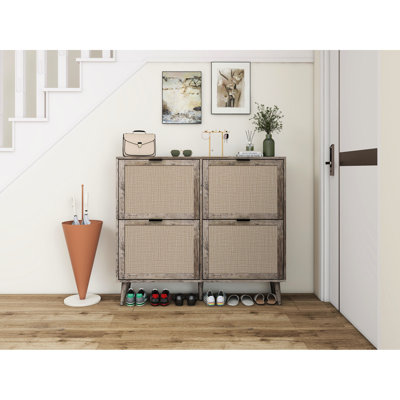 Range-chaussures 4 portes gris foncé, capacité de 88 lb, structure double épaisseur, barre horizontale et armoire de rangement fonctionnelle, style moderne autoportant, capacité de charge, rangement, barre