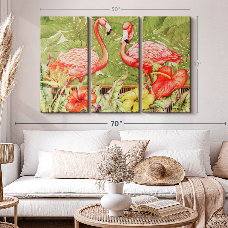 «Tropical Flamingo», 3 pièces sur toile, H 32 po x l 50 po x P 1,25 po