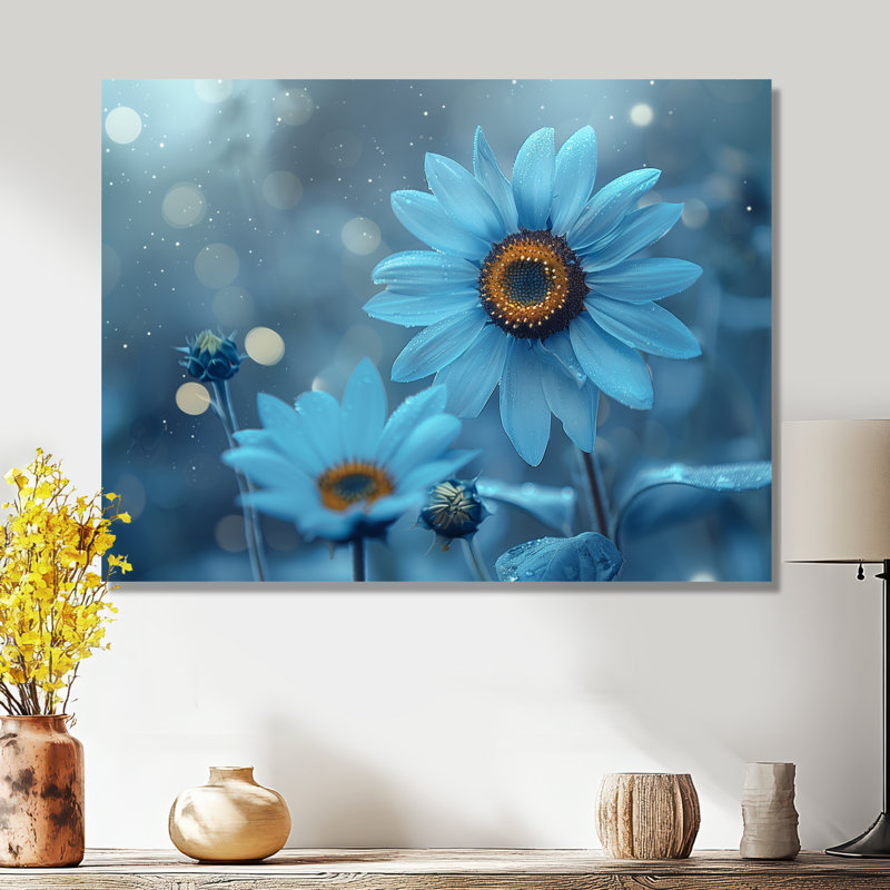 Nirvana monochromes bleu tournesols I - tournesols, art mural salon, H 30 po x l 40 po x P 1,5 po, Métal métal