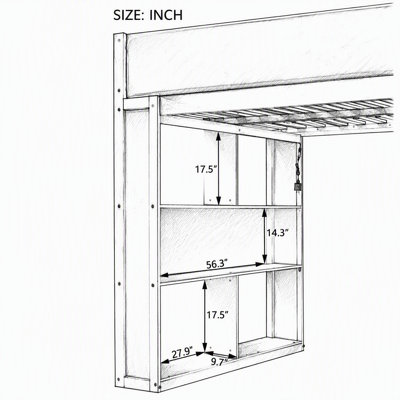 Lit mezzanine en bois massif avec garde-corps en polyuréthane entièrement rembourré, lit pour grand lit avec garde-robe intégré, tiroirs, tablettes à plusieurs niveaux et lumières DEL ambiantes