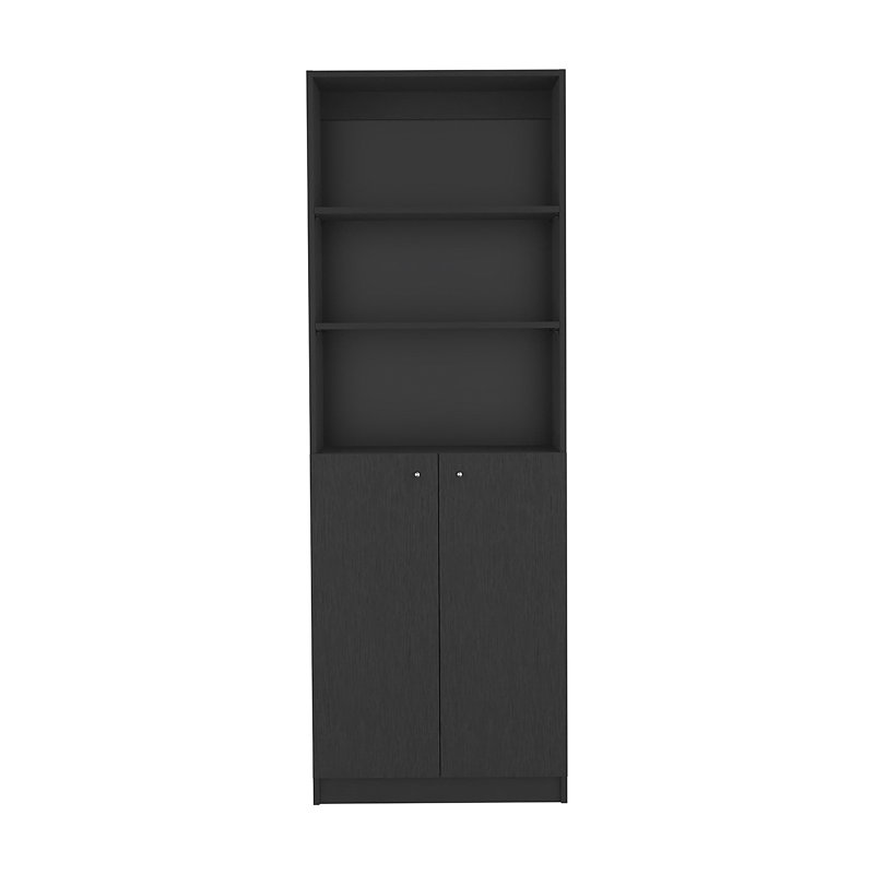 Bibliothèque Home 2 portes, unité de rangement moderne avec portes doubles et tablettes à plusieurs niveaux, Noir