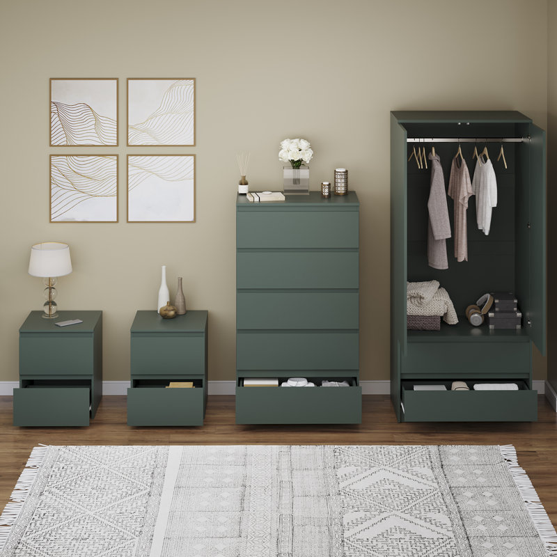 Tanino 4 Piece Bedroom Set (2 Drawer Large Bedside Chest, 5 Drawer Chest, 2 Door 2 Drawer Wardrobe), (6), Green