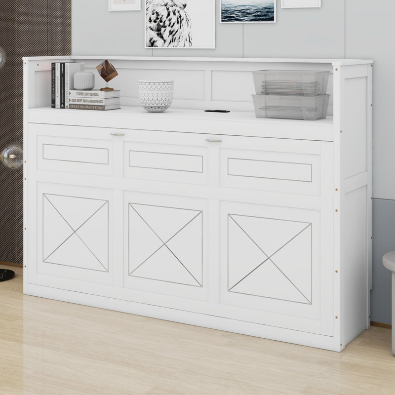 Murphy Bed With Desk,LED Light And USB Charging Station, Blanc