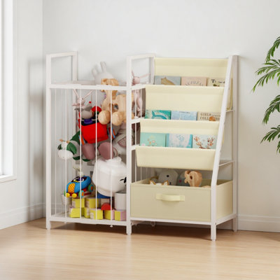 Kids Bookshelf and Toy Storage Organizer, Dual-Sided Children Bookshelf with Figure Display Storage and Book Sling Pockets, Toy Organizer for Playroom, Bedroom and Nursery