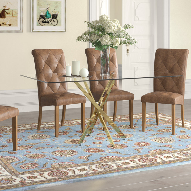 Bashaw 160cm Gold Dining Room Dinner Table, Breakfast Kitchen Table With Metal Frame & Tempered Glass Tabletop