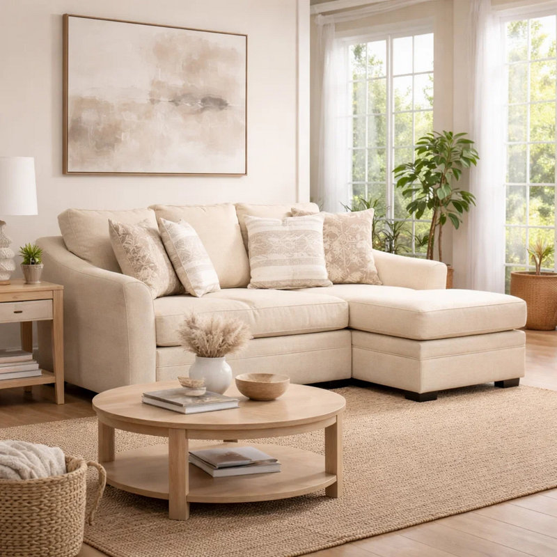 Jimy Sofa Chaise With 4 Pillows, Flared Arms, Jute Beige Nuvella, 91 Inch