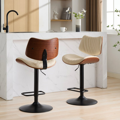 Tabourets de bar réglables beiges, structure en noyer, siège pivotant à 360 degrés, pour îlot de cuisine / salle à manger / café, de style Mid-Century et cuir, réglables, pivotants, beiges, 2 salles à manger / cafés