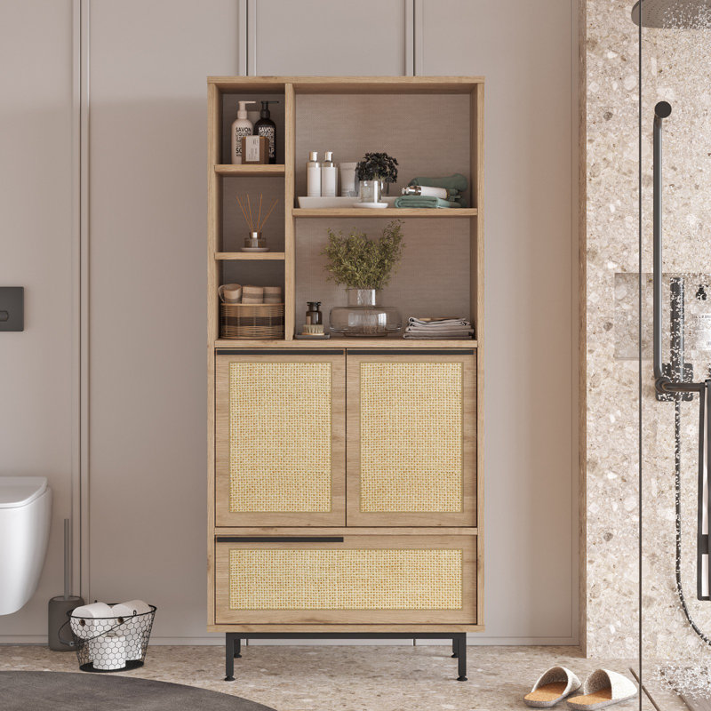 Stylish Bathroom Cabinet with Metal Legs, Walnut & Oak Finish, 29.4 x 63.7 x 14.0 inches | 100% Melamine Coated Particle Board, UV Coated for Durability | Modern Storage Solution for Any Bathroom