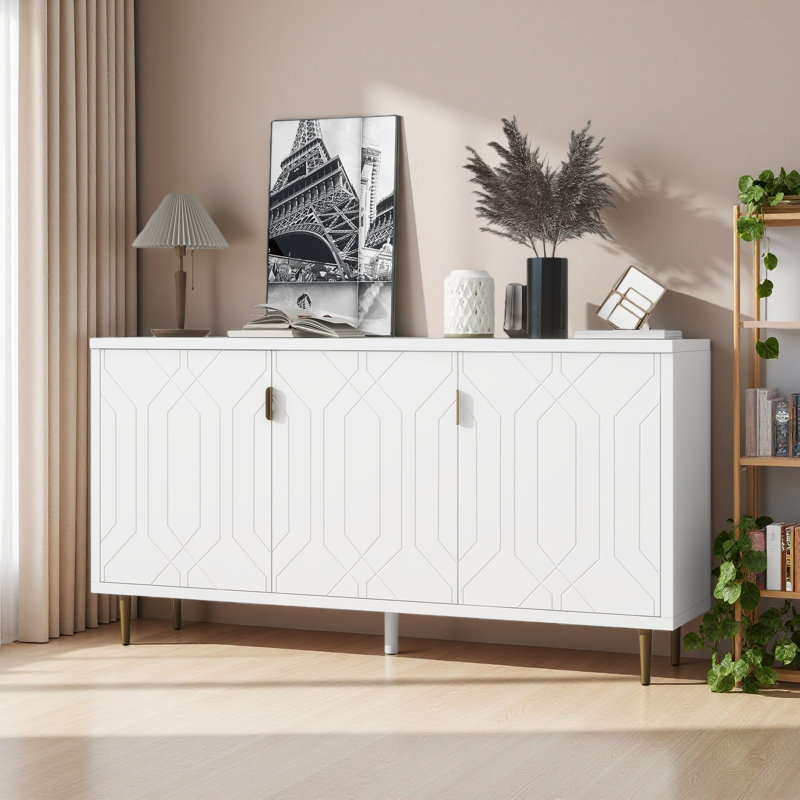 Meuble télé moderne avec 3 portes et tablettes réglables pour le salon, Blanc