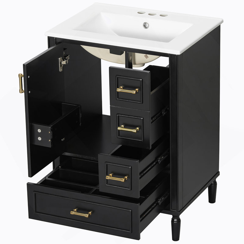 Modern Bathroom Vanity With Ceramic Sink, Soft-Close Door, 3 Drawers, Gold Handles, Black