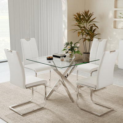 5-Piece 36 Inch Square Dining Table Set, Tempered Glass Top Table With 4 Upholstered Leather Dining Chairs, Modern Kitchen Dining Set For Small Space, Dining Room & Breakfast Nook