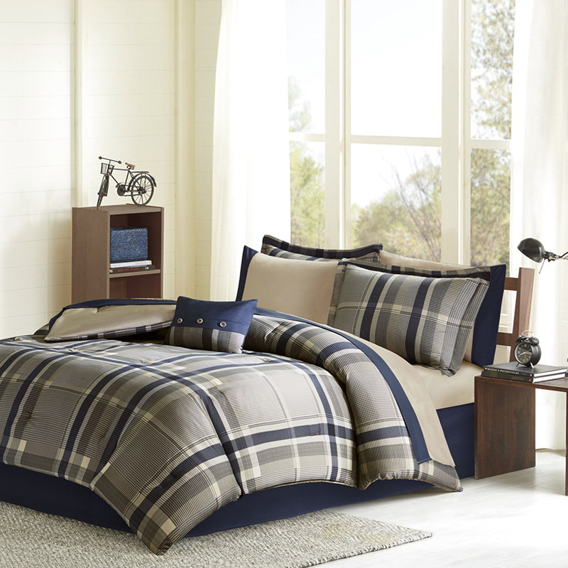 Draps simples à motif écossais bleu marine et taupe, Édredon simple et 7 pièces supplémentaires