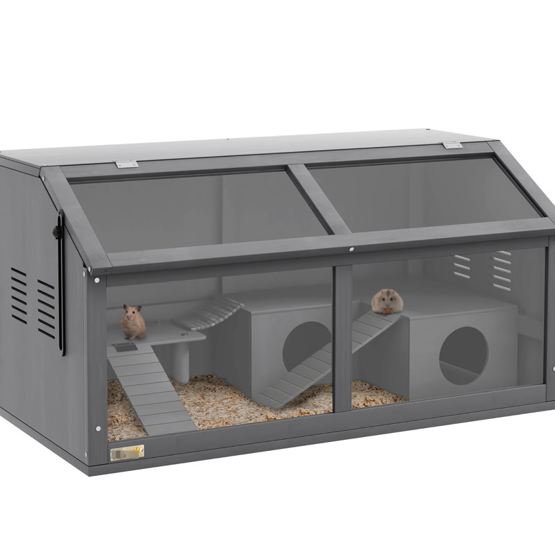 Small Animal Enclosure With Hut And Storage Space, 33.5"X17.7"X17.3", Charcoal Grey Enclosure, Spacious Interior, For Hamsters ,