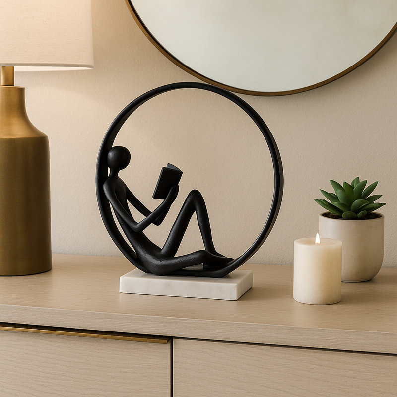 Decorative Avid Reader On Marble Base Sculpture For Home Decor - Modern Circle Statue Figurine Decorations For Living Room - 11", Black & White