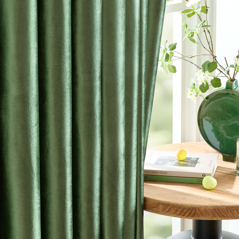Velvet Blackout Thermal Curtain Panel –  Room-Darkening Grommet Solid Color Drapes for Living Room Bedroom (Set of 2), Green