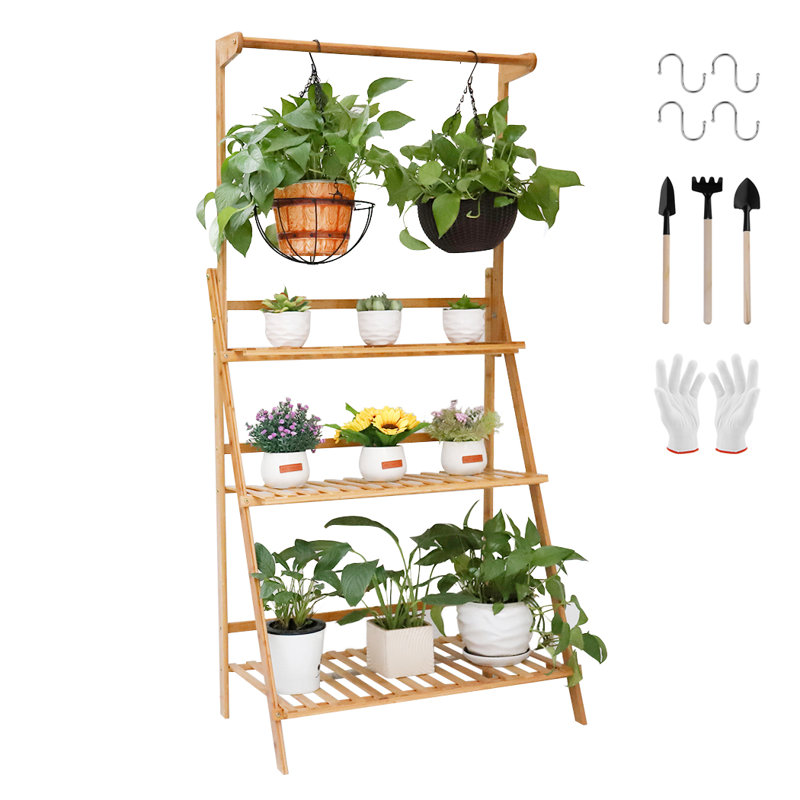 Bambou 3 niveaux plantes suspendues support pliant pot de fleurs organisateur de rangement étagère porte-étagère à fleurs