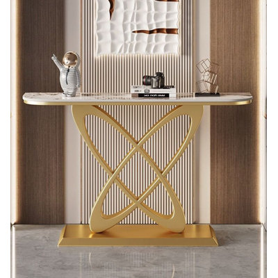 Console moderne minimaliste en pierre frittée et en métal noir, table d'appoint de vestibule courbée avec support artistique en forme de croix pour la décoration du vestibule