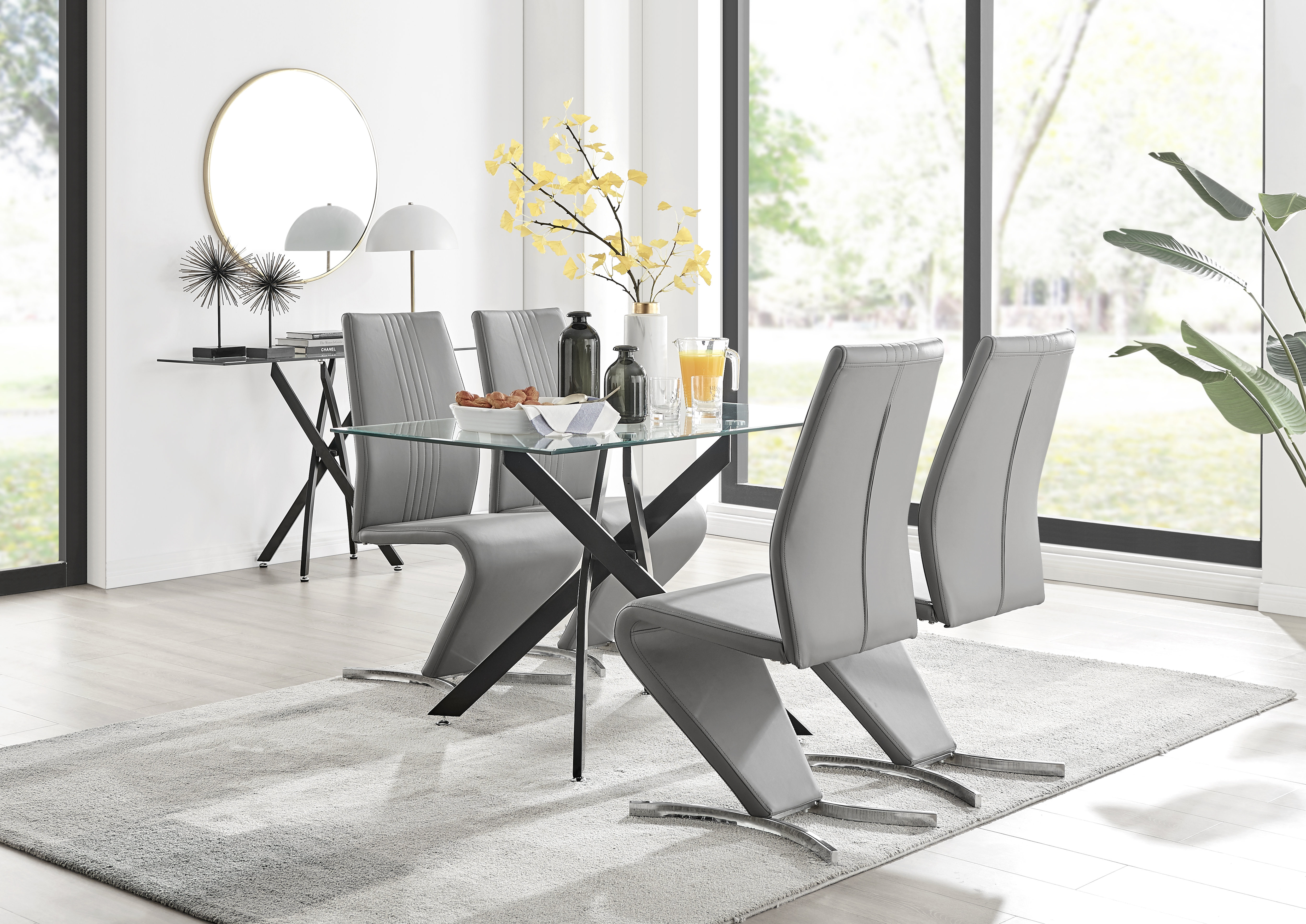 Glass dining table with shop leather chairs