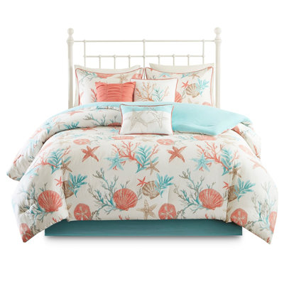 Beach Comforter - 7 Piece Cotton , Coral, King Piece, Coral Pebble