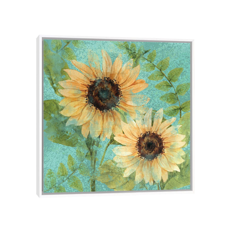 Sunflower Teal by Kimberly Allen - Painting on Canvas, 45.72 cm H x 45.72 cm W, White Framed
