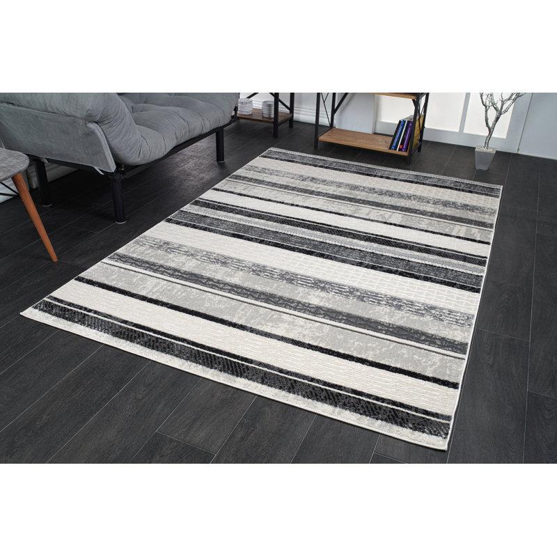 Tapis rayé gris / noir Purcellville, Rectangle 5 pi 2 po x 7 pi 6 po