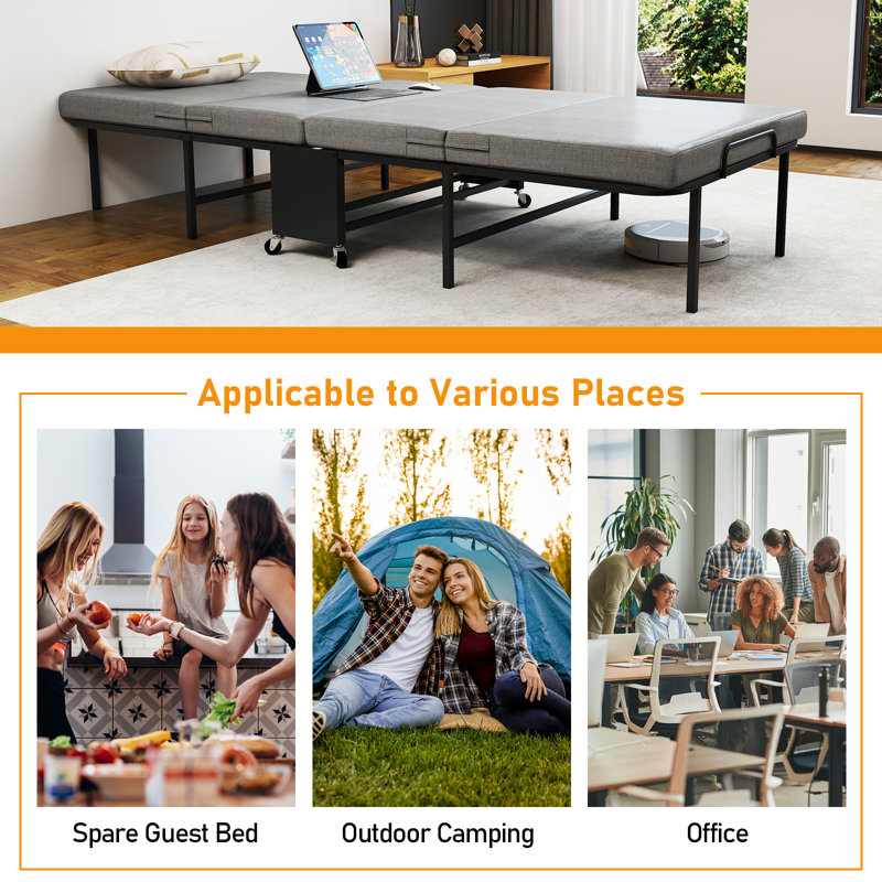 Folding Bed with Mattress for Adults, Twin Size, Portable Foldable Roll Away Bed on Wheels, Memory Foam Mattress and Super Strong Frame, Space Saving Fold Up for Easy Storage