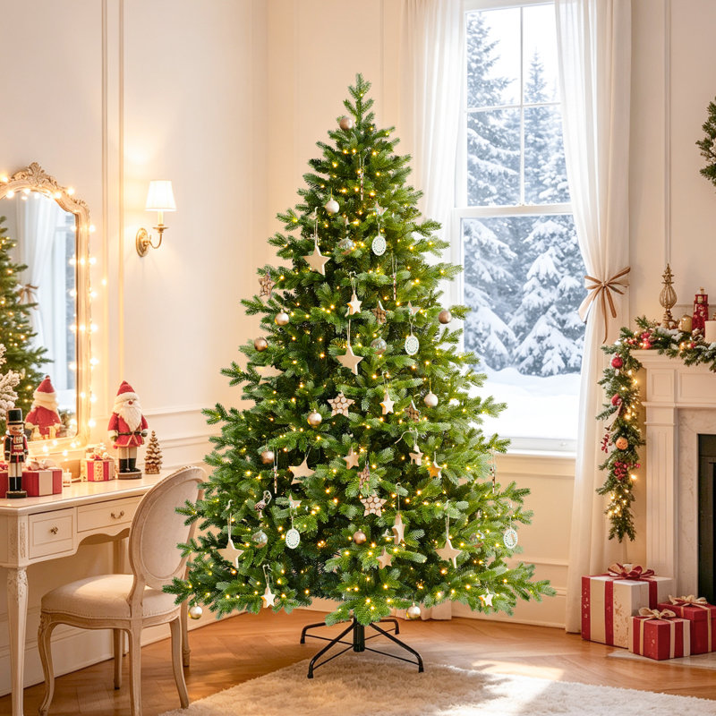 Sapin de Noël artificiel vert pré-éclairé avec lumière chaude et réaliste, 6.5