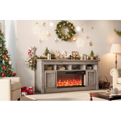 Fireplace TV Stand, Wooden Entertainment Center with Fireplace, Farmhouse Media Console with Storage Cabinets for Living Room