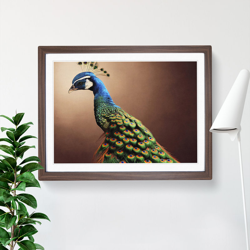 XH1022-9469X Unique Peacock - Single Picture Frame Print, 34cm H x 46cm W x 2cm D, Walnut Framed