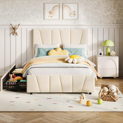 2Pcs Twin Upholstered Platform Bed with Adjustable Headboard and 2 Storage Drawers, Wood Slats Support, Beige