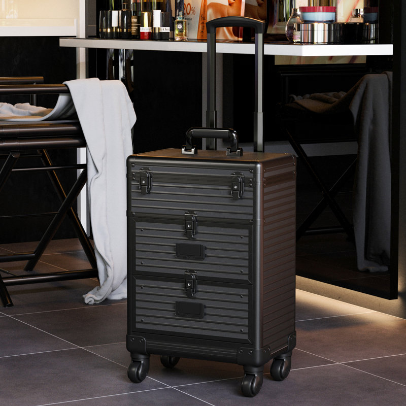 Drawer-style three-in-one horizontal stripe black makeup case