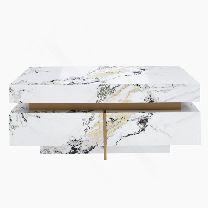 Table basse moderne carrée texturée en marbre avec 4 tiroirs et base suspendue, blanc, 43,3 po