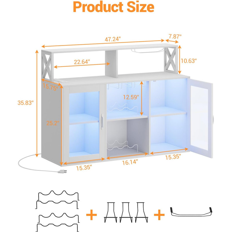 Freestanding Home Bar Cabinet with LED Light, Power Outlets, Wine Rack and Glass Holder, White