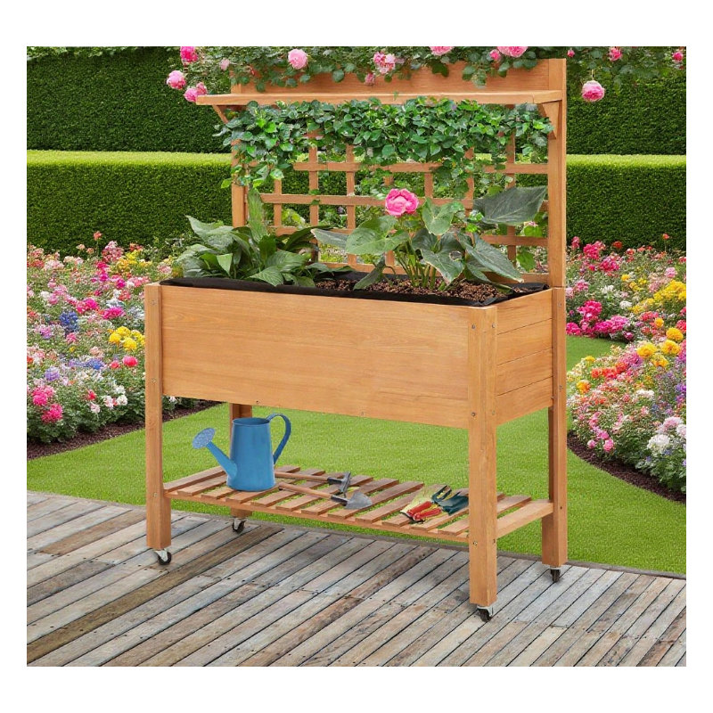 Boîte à fleurs surélevée avec tablettes à outils et roues